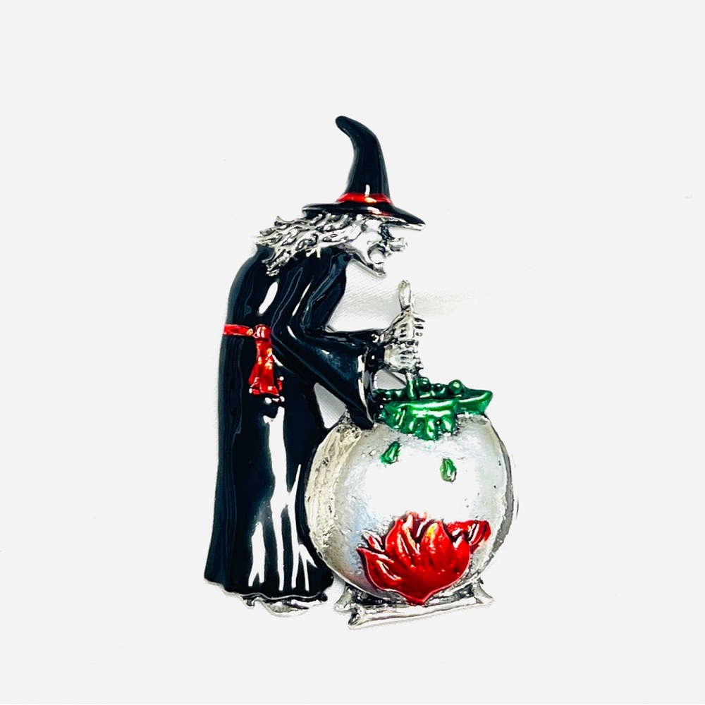 Witch Brooch with enamel paint on silvery base, NIP,